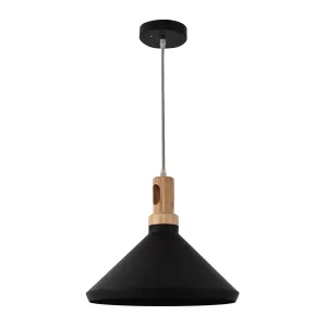 1 Light Pendant in Sleek Black Finish with Wooden Detail - Modern Aluminum Design for Home Decor