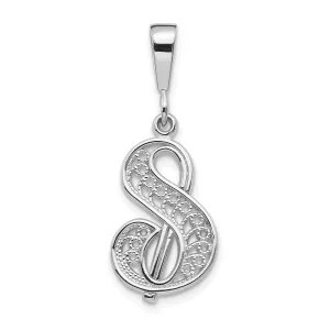 10K White Gold Filigree Initial S Pendant with Polished Rhodium Finish