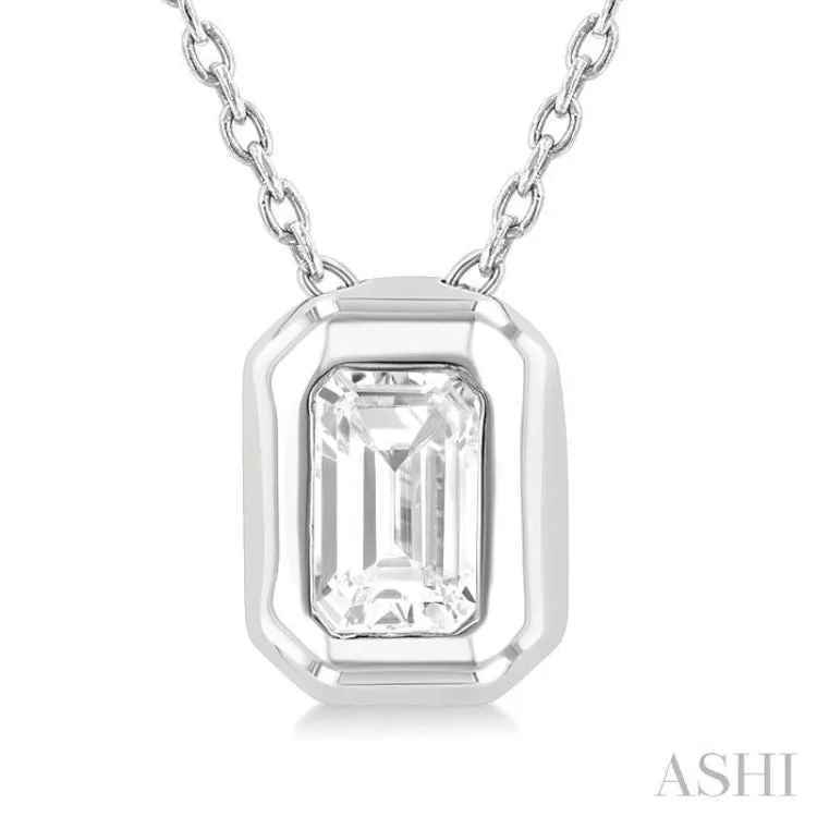 1/3 ctw Bezel Set Emerald Cut Diamond Bubble Fashion Pendant With Chain in 14K White Gold