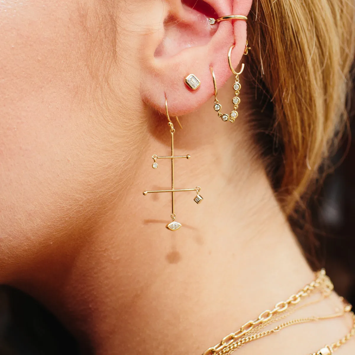 14k Emerald Cut Diamond Bezel Studs