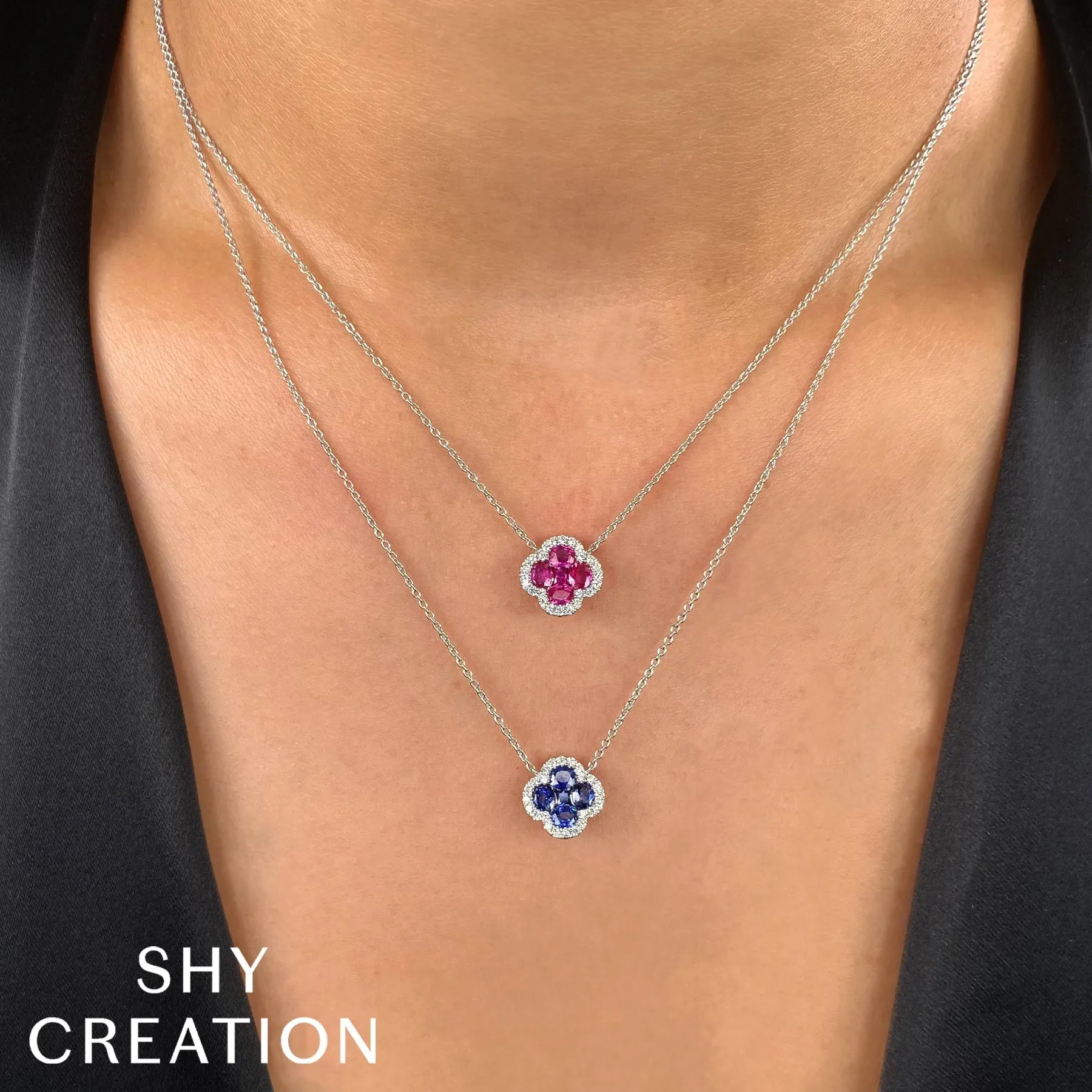 14K Gold Ruby Diamond Clover Pendant Necklace