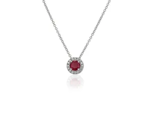 14K W Gold 0.05ctw Diamond 0.35ctw Round Ruby Halo Pendant
