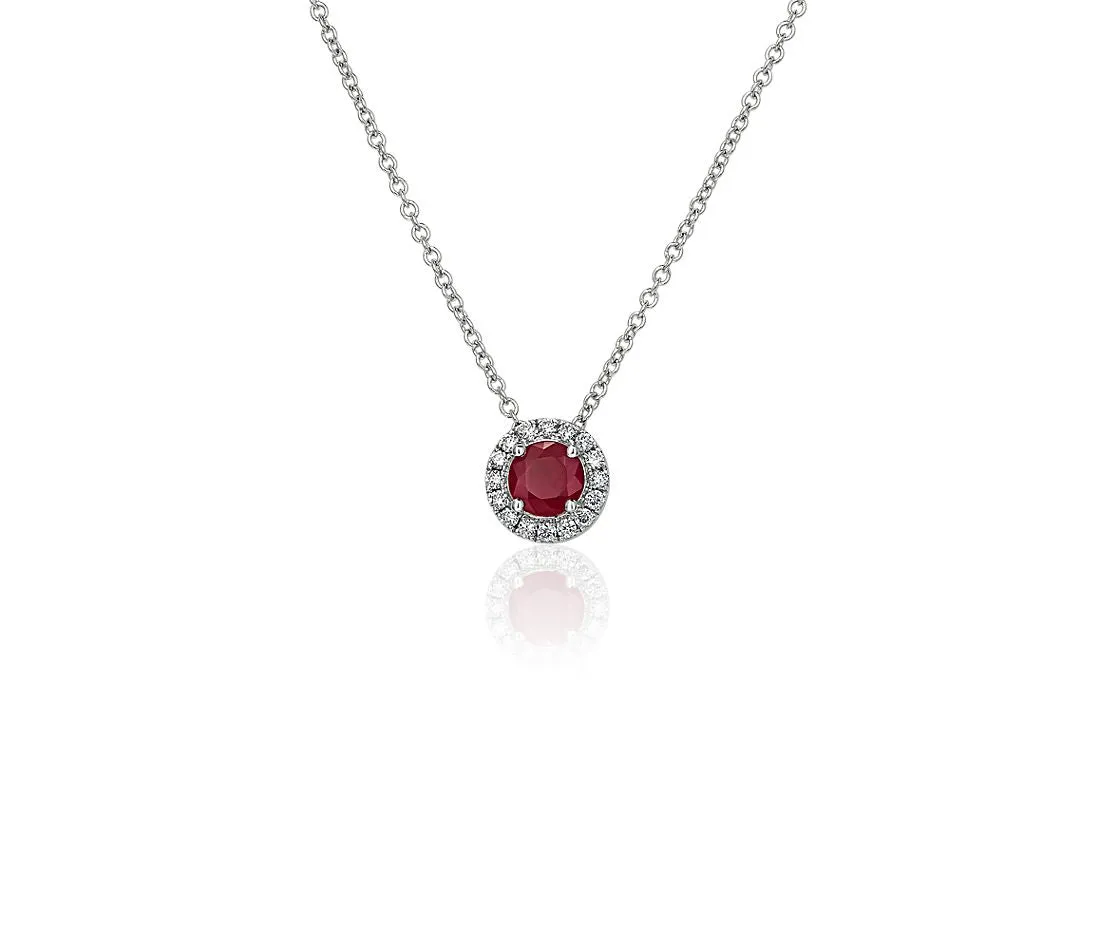 14K W Gold 0.05ctw Diamond 0.35ctw Round Ruby Halo Pendant