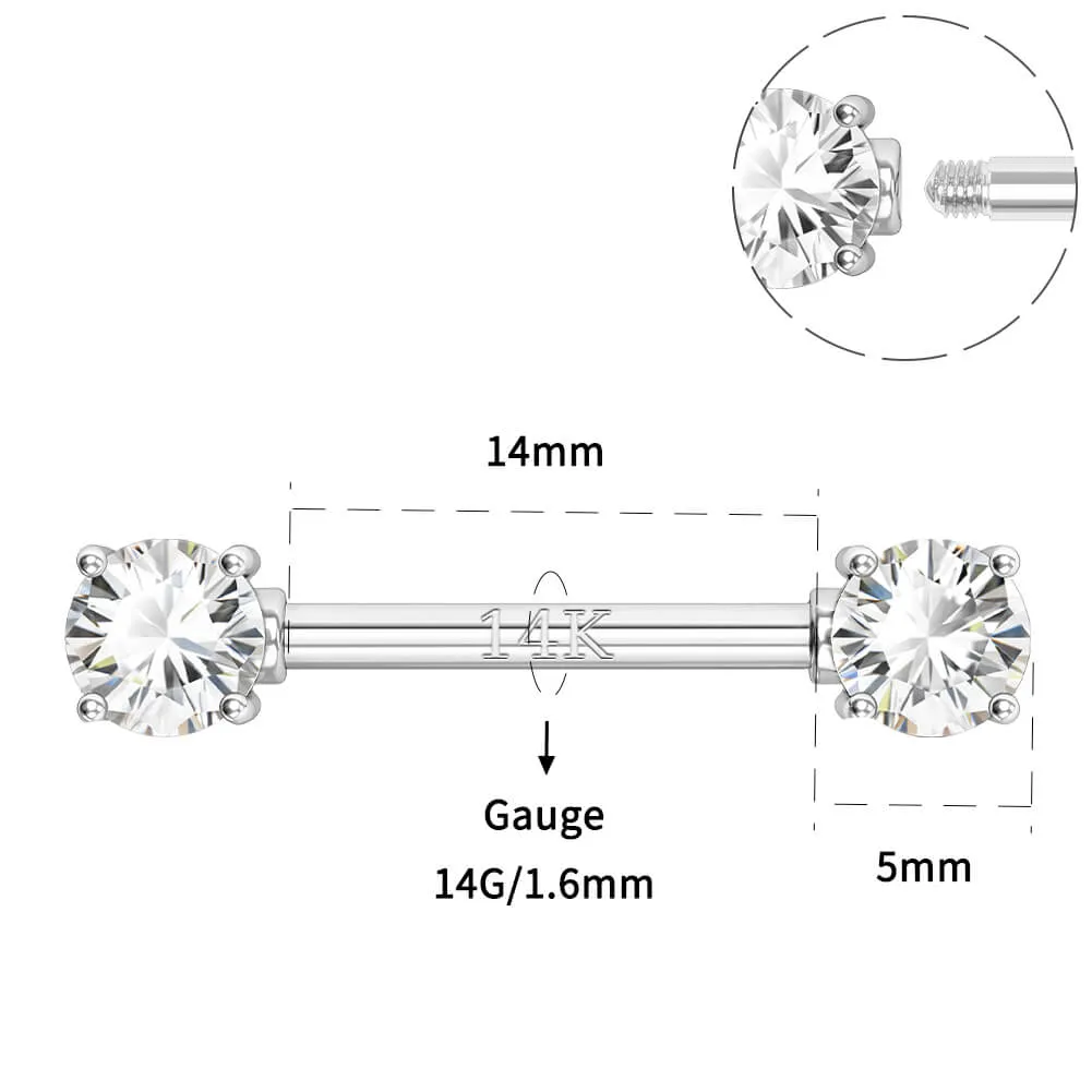 14K White Gold 14G Round CZ 2 Pcs Nipple Barbell Rings