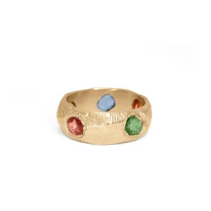 18K Five Sapphire Ring in Rainbow with Tsavorite