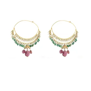 18k Gold Uncut Diamond Tourmaline Emerald and Freshwater Pearl Abra Earring