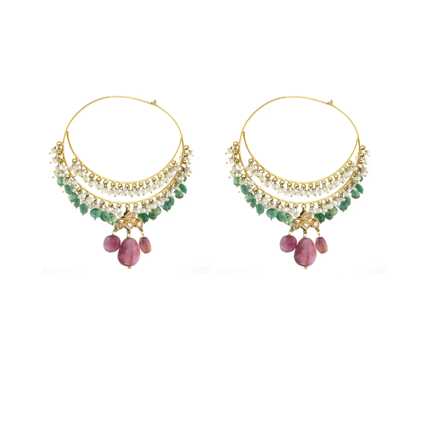 18k Gold Uncut Diamond Tourmaline Emerald and Freshwater Pearl Abra Earring