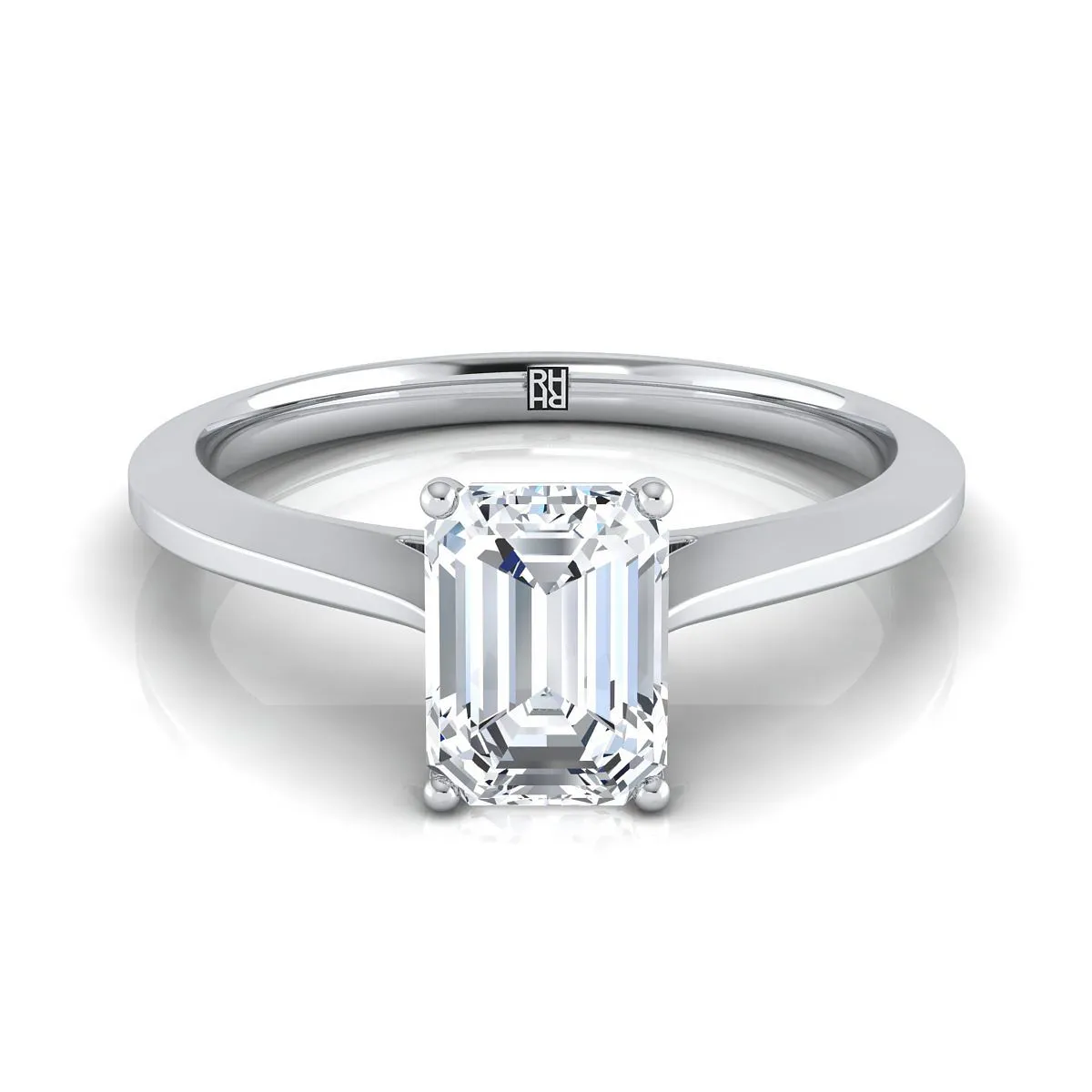18K White Gold Emerald Cut  Timeless Solitaire Comfort Fit Engagement Ring