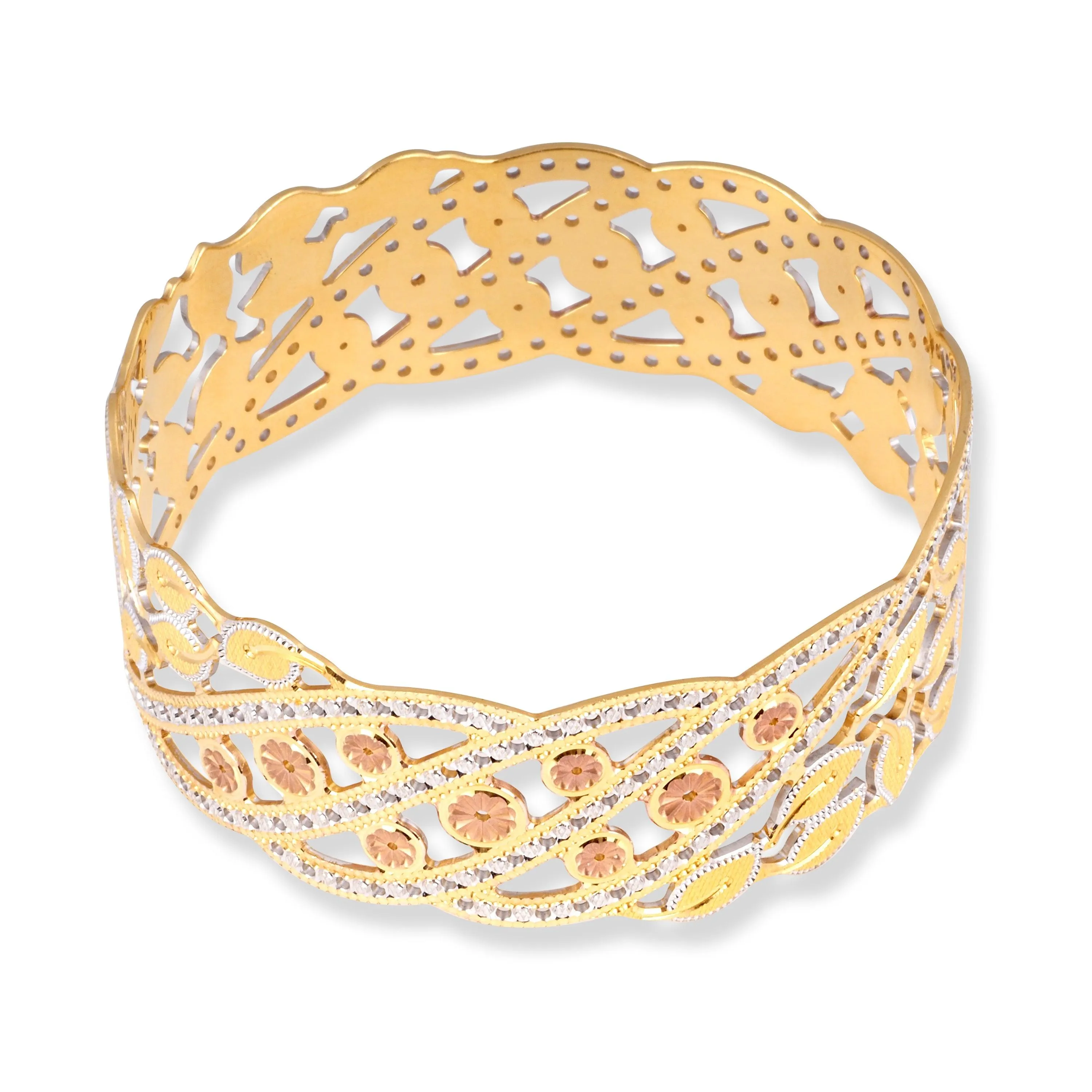 22ct Gold Bangle in Flower Pattern with Rose Gold & White Gold Rhodium Plate Finish B-8560