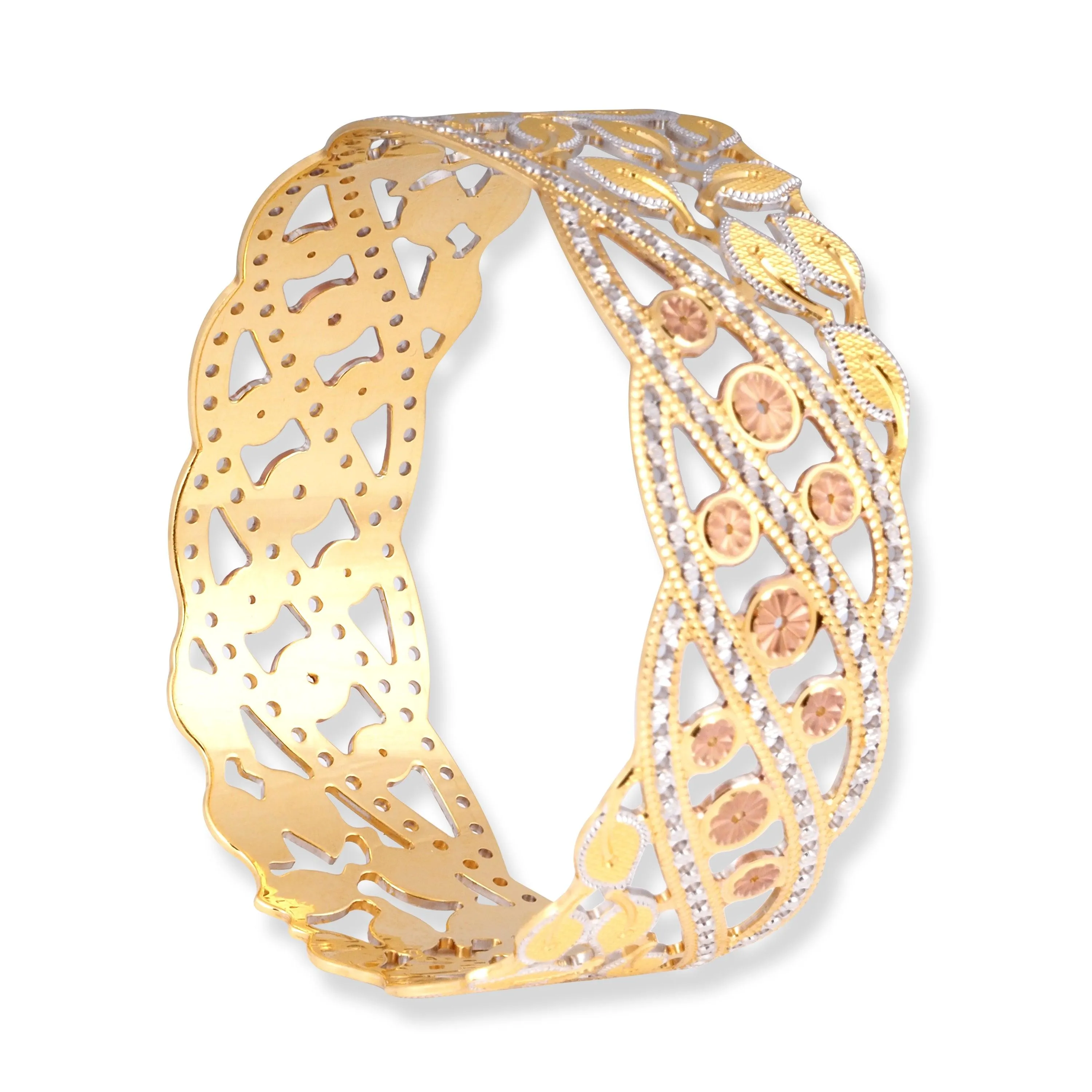 22ct Gold Bangle in Flower Pattern with Rose Gold & White Gold Rhodium Plate Finish B-8560