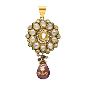 22K Yellow Gold Artisanal Pendant w/ Kundan & Ruby (16gm)