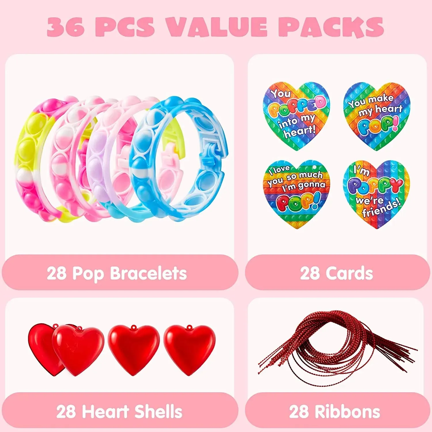 28Pcs Filled Heart with Bracelet and Valentines Day Cards for Kids-Classroom Exchange Gifts