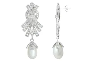 41/50 Carat White Gold 14kt Drop Pearl and Diamond Earrings
