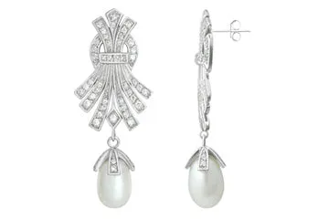41/50 Carat White Gold 14kt Drop Pearl and Diamond Earrings