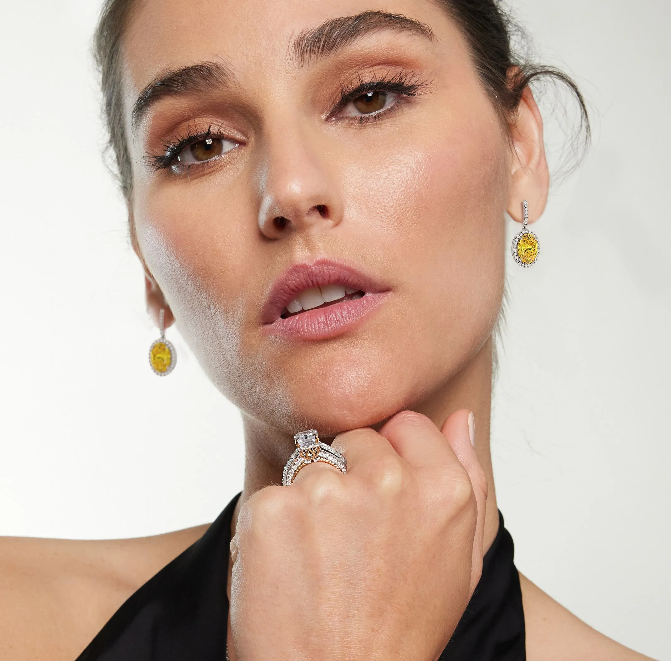 8 Ct Pair Fancy Deep Yellow Halo Drop Earrings