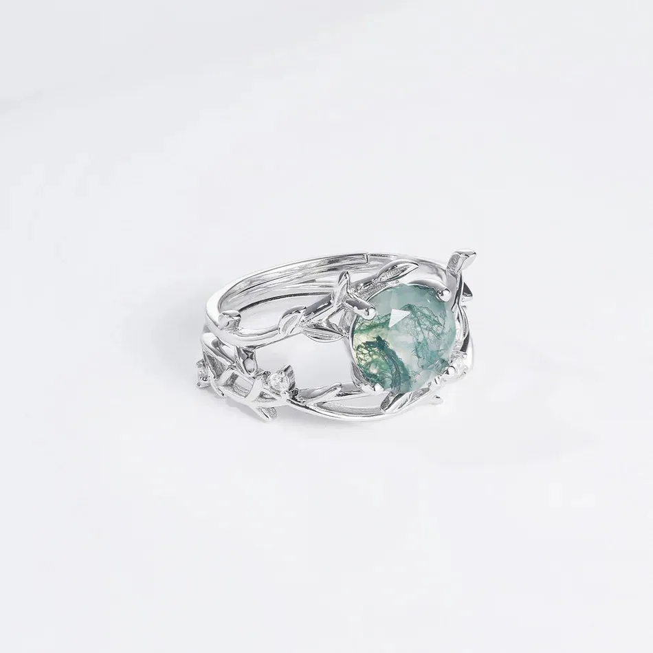 925 Silver 8*8mm Natural Moss Agate Rings
