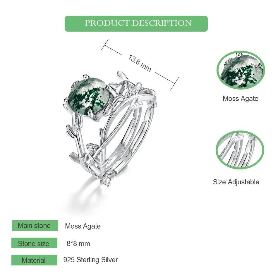 925 Silver 8*8mm Natural Moss Agate Rings