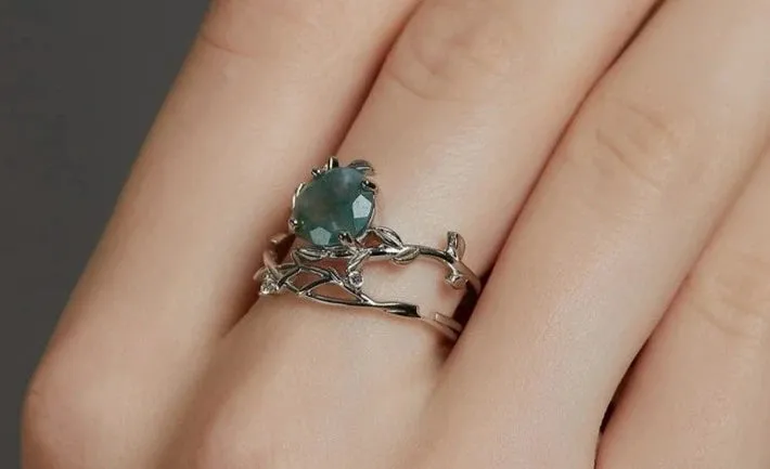 925 Silver 8*8mm Natural Moss Agate Rings