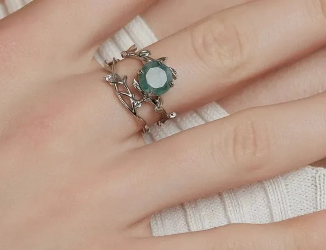 925 Silver 8*8mm Natural Moss Agate Rings