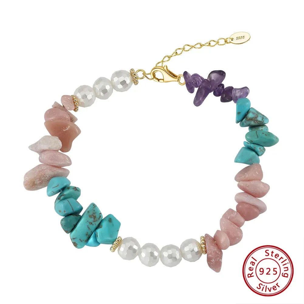 925 Silver Mix Natural Stone Bracelet Colorful Stone Chain Bracelet