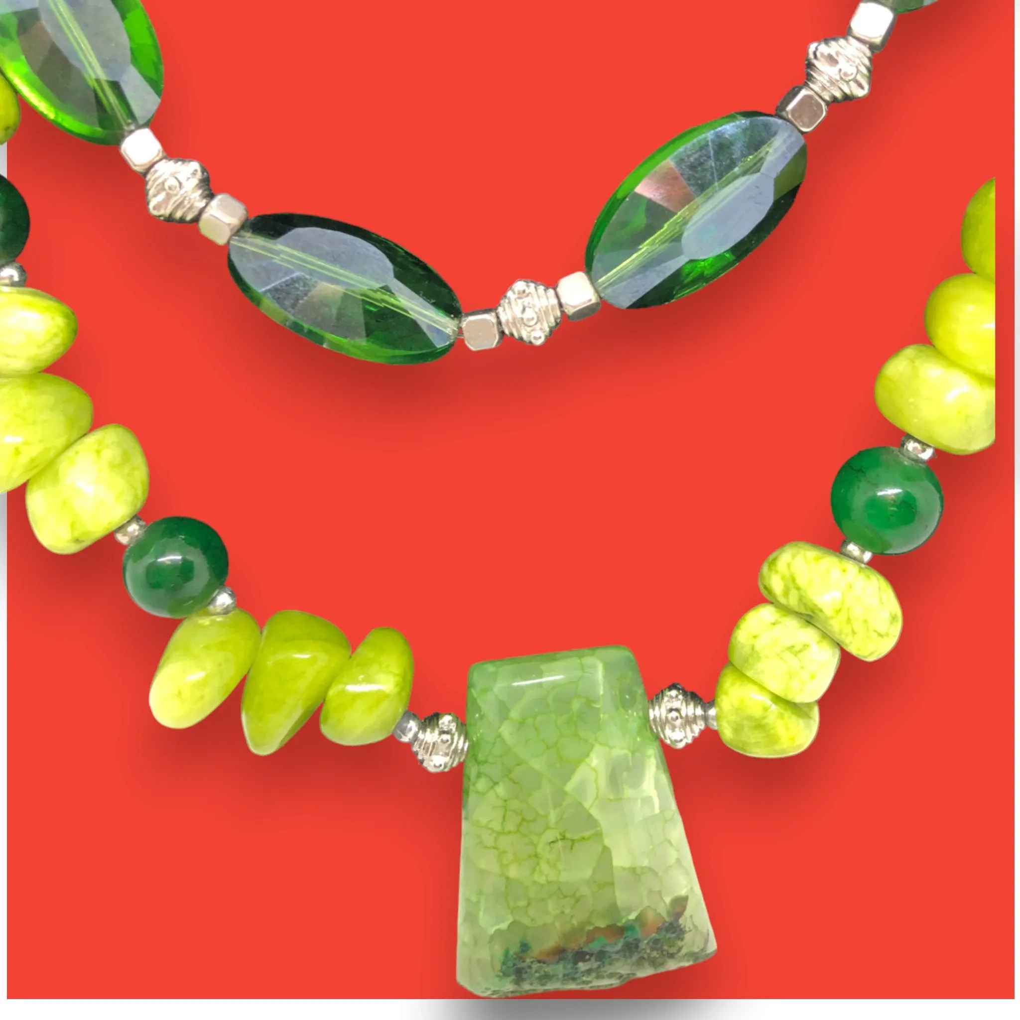 Affection - Jade Pearls Malachite Silver Pendant Necklace - Layered
