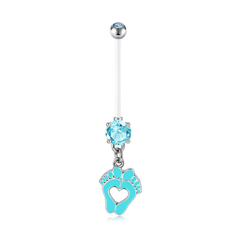 Baby Feet With CZ 14G Pregnancy Belly Button Ring White Pink Blue 25MM 32MM 35MM Available
