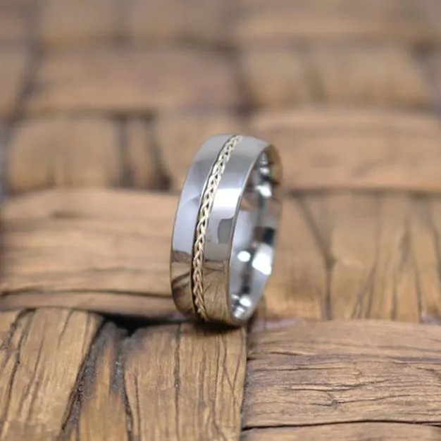 BAXTER | Silver Tungsten Ring, Sterling Silver Braided Insert, Domed