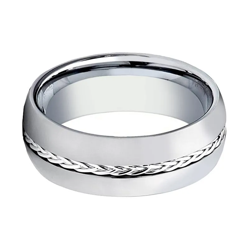 BAXTER | Silver Tungsten Ring, Sterling Silver Braided Insert, Domed