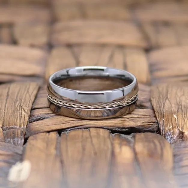 BAXTER | Silver Tungsten Ring, Sterling Silver Braided Insert, Domed