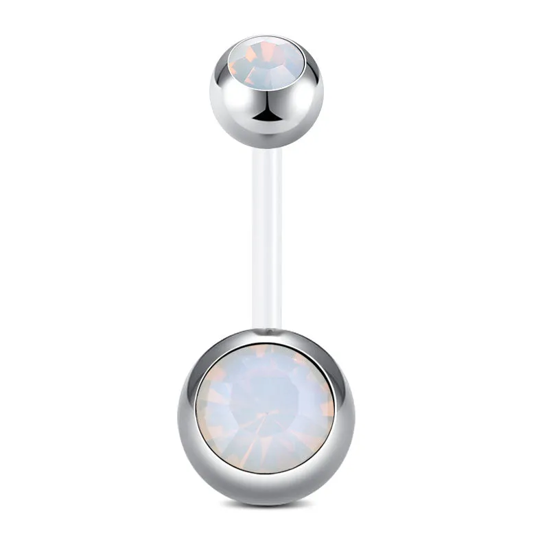 Belly Buttom Rings 14G Double Inlaid Opal 10MM Flexible Bar White Pink Green Available