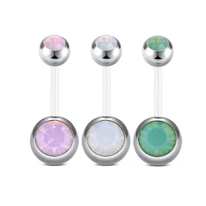 Belly Buttom Rings 14G Double Inlaid Opal 10MM Flexible Bar White Pink Green Available
