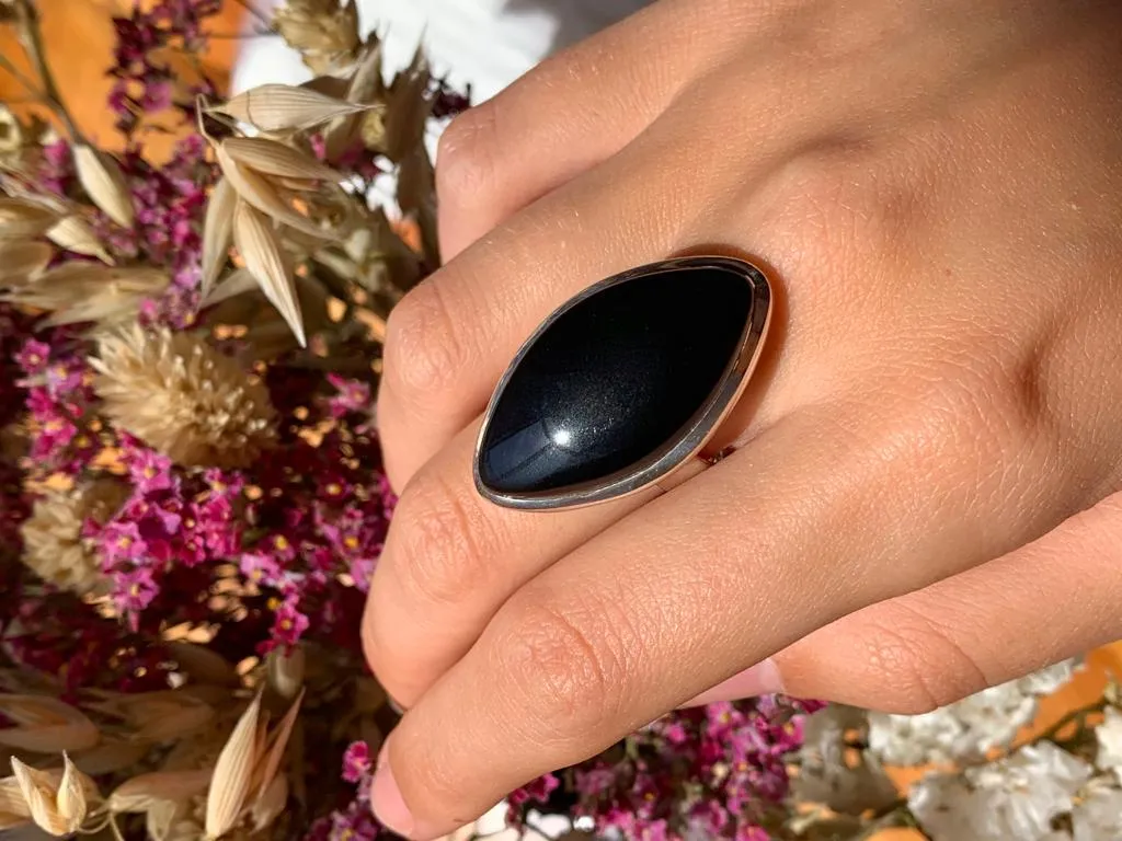 Black Onyx Adjustable Ring - Marquise