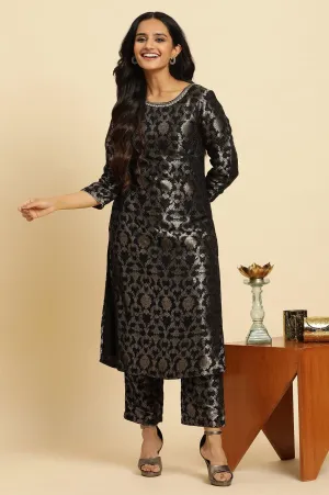 Black Rayon Jacquard Kurta And Pant Festive Set