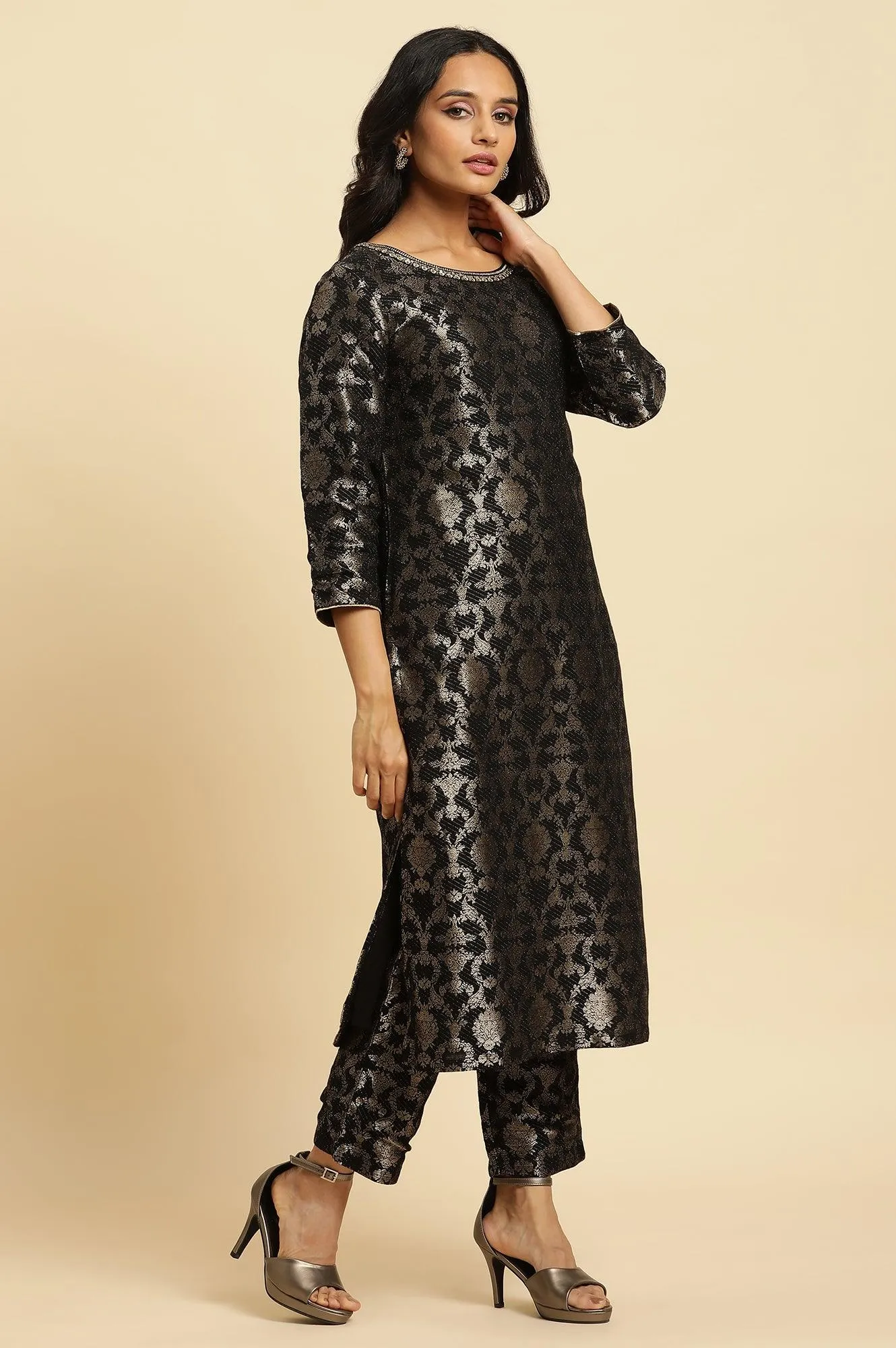 Black Rayon Jacquard Kurta And Pant Festive Set