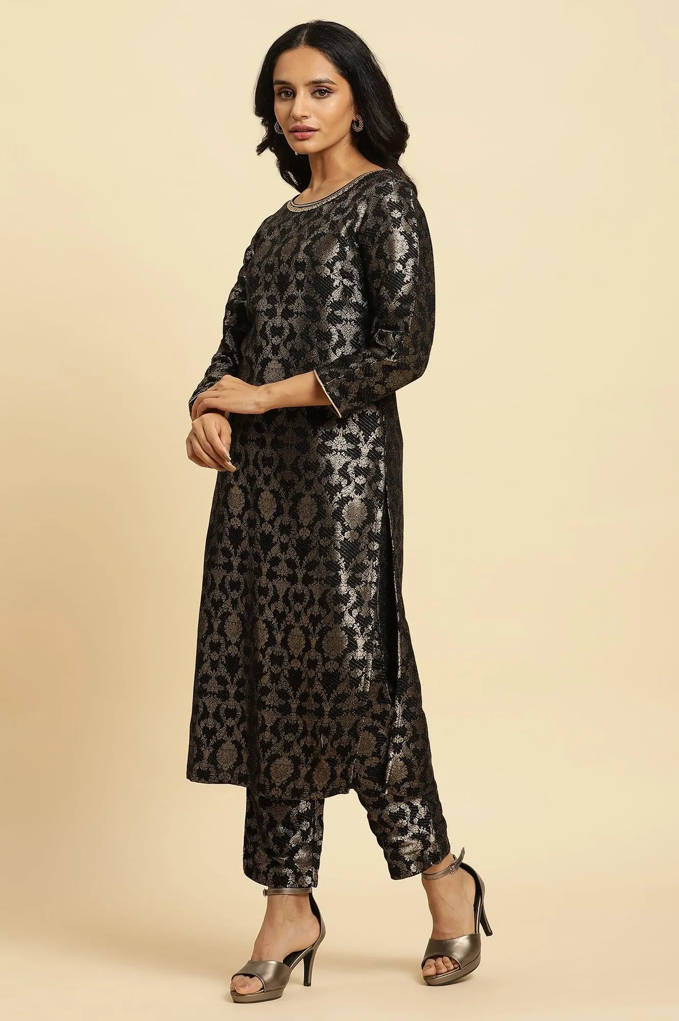 Black Rayon Jacquard Kurta And Pant Festive Set