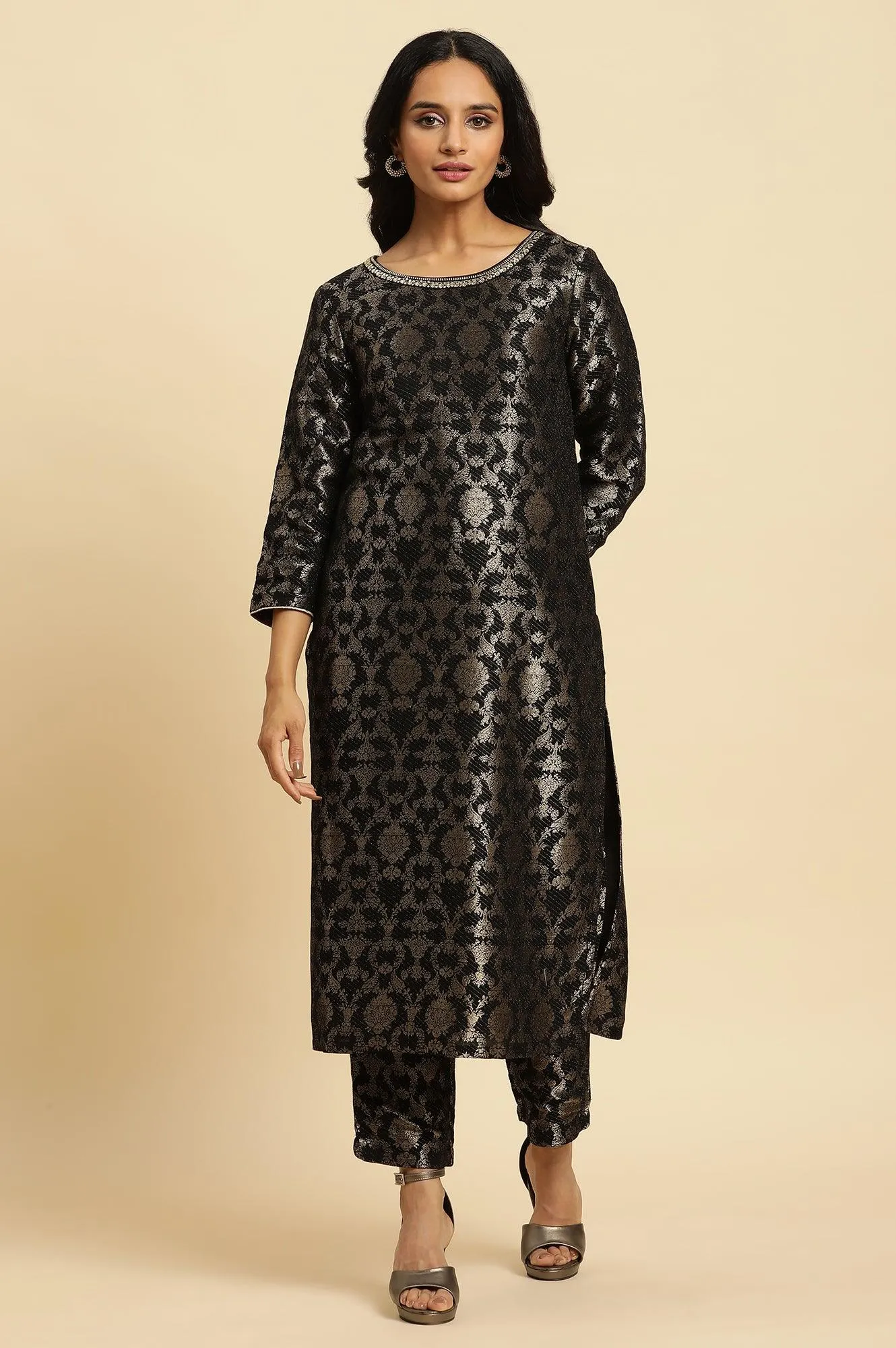 Black Rayon Jacquard Kurta And Pant Festive Set
