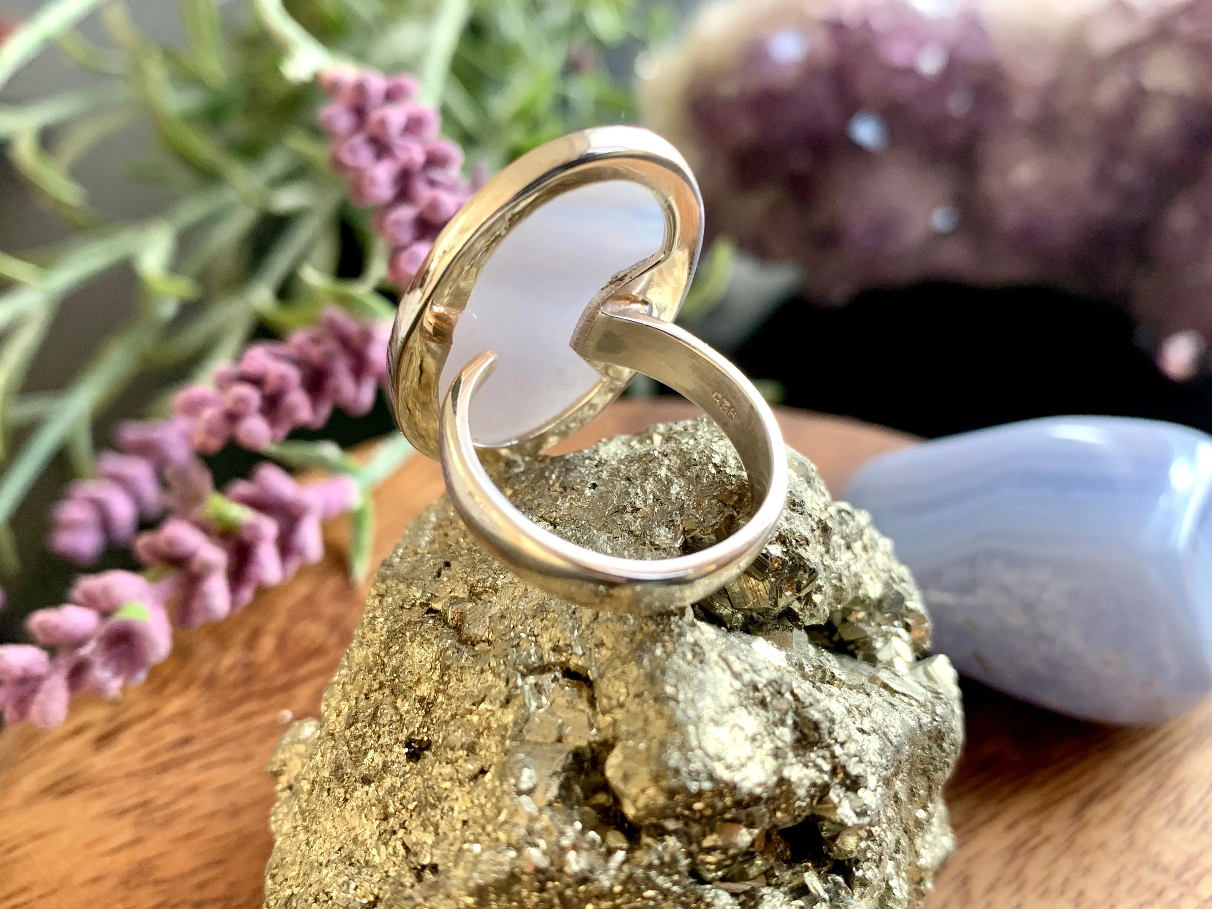 Blue Lace Agate Adjustable Ring - Long Oval