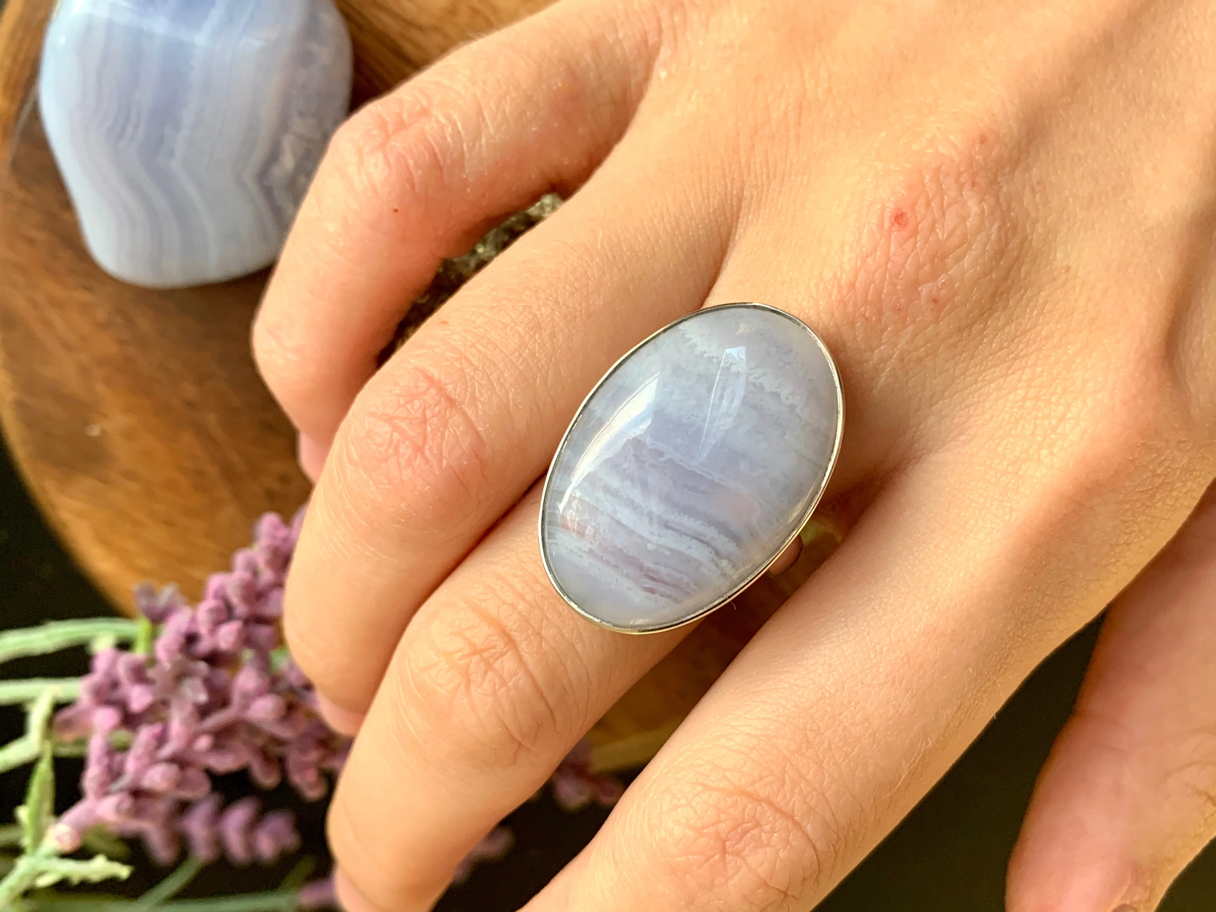 Blue Lace Agate Adjustable Ring - Long Oval