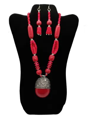 Burgundy Beaded Necklace and Earrings Set