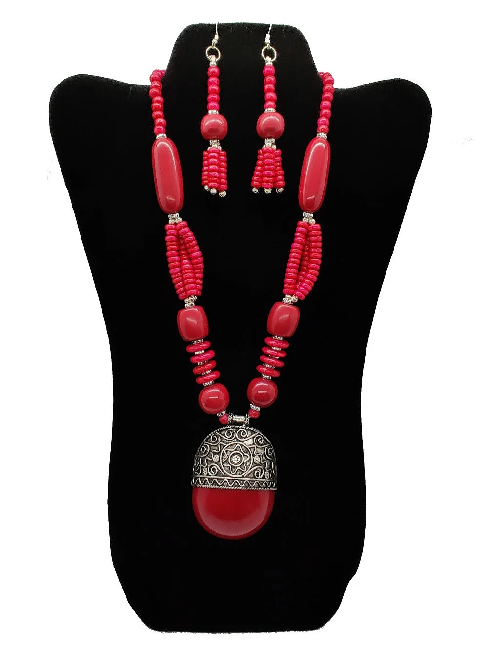 Burgundy Beaded Necklace and Earrings Set