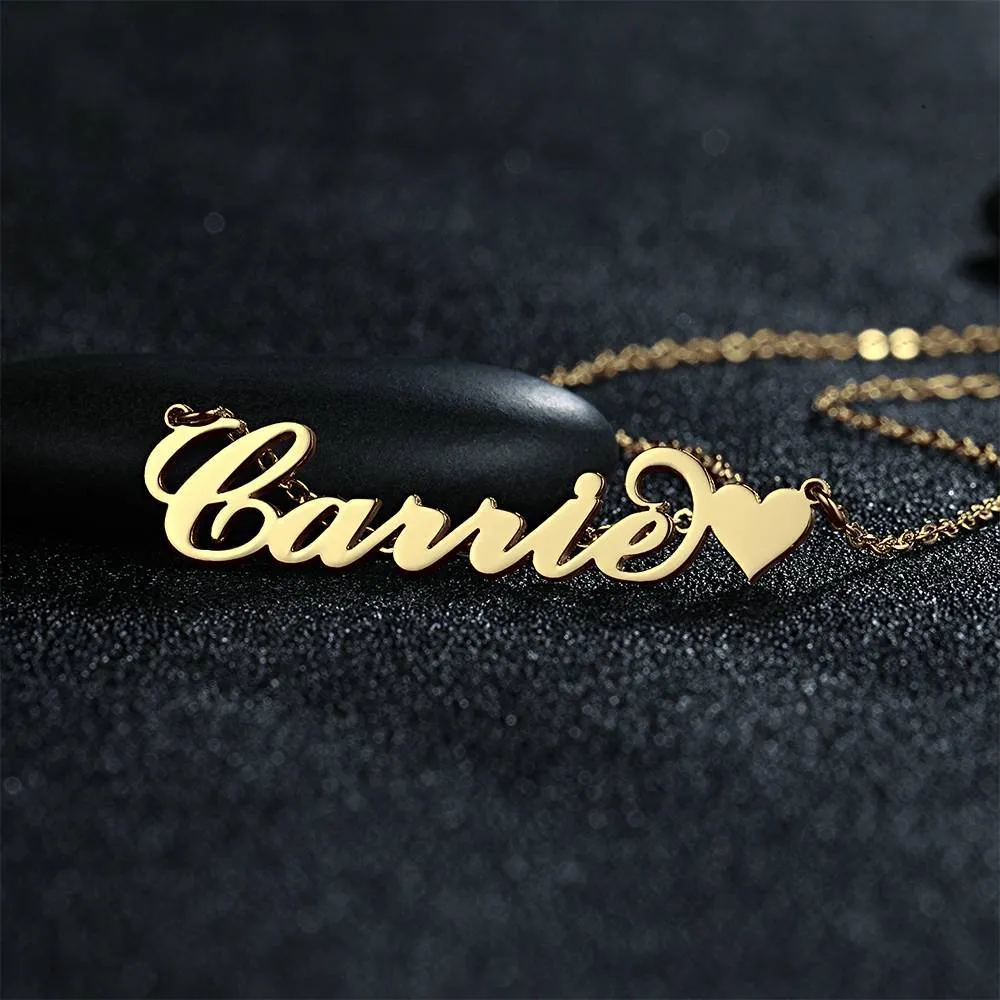 Carrie Style Name Necklace - Custom Name Necklace Gold - Name Necklace with Heart 14K Gold - Name Plate Necklace - Christmas Gifts for Girlfriend