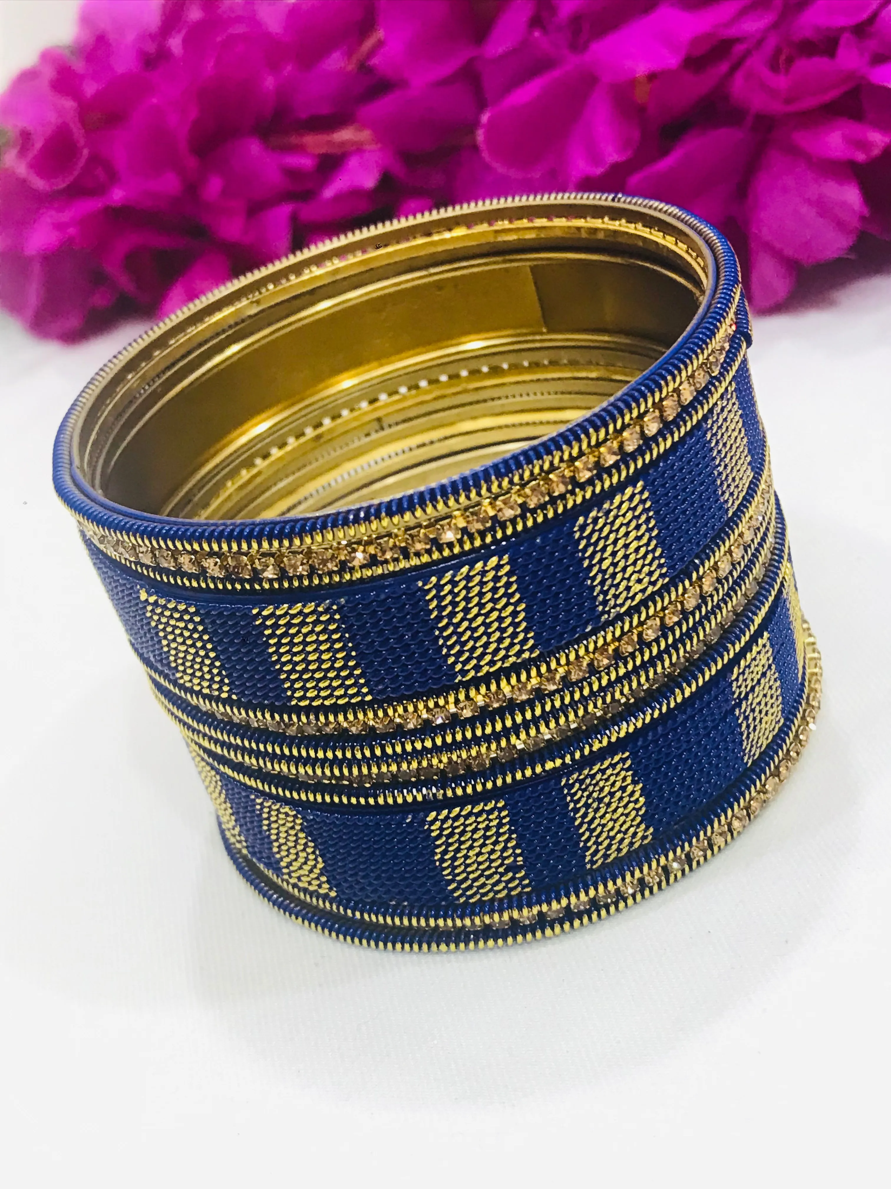 Charming Blue Color Metal Bangles Set With Spiral Design For Women