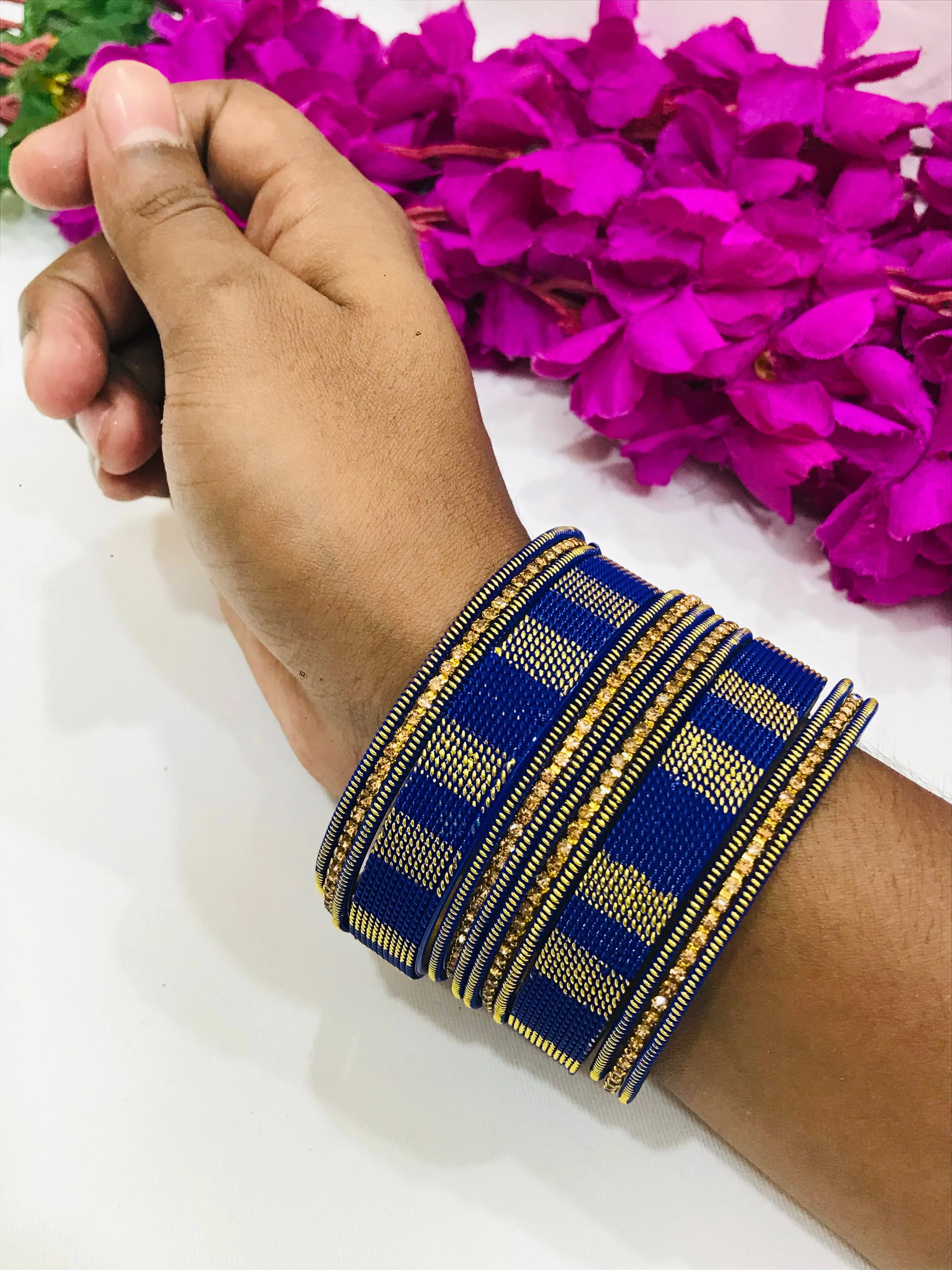 Charming Blue Color Metal Bangles Set With Spiral Design For Women