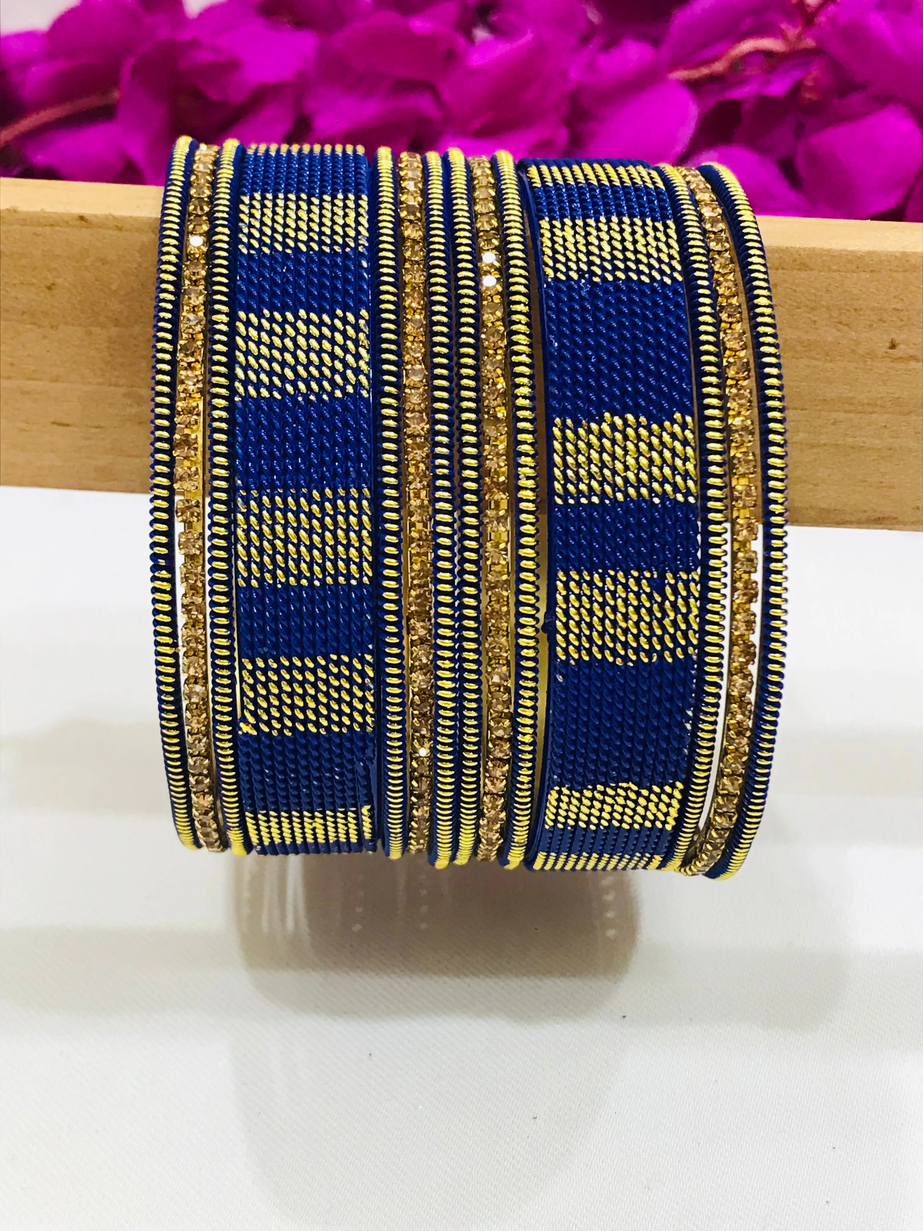 Charming Blue Color Metal Bangles Set With Spiral Design For Women