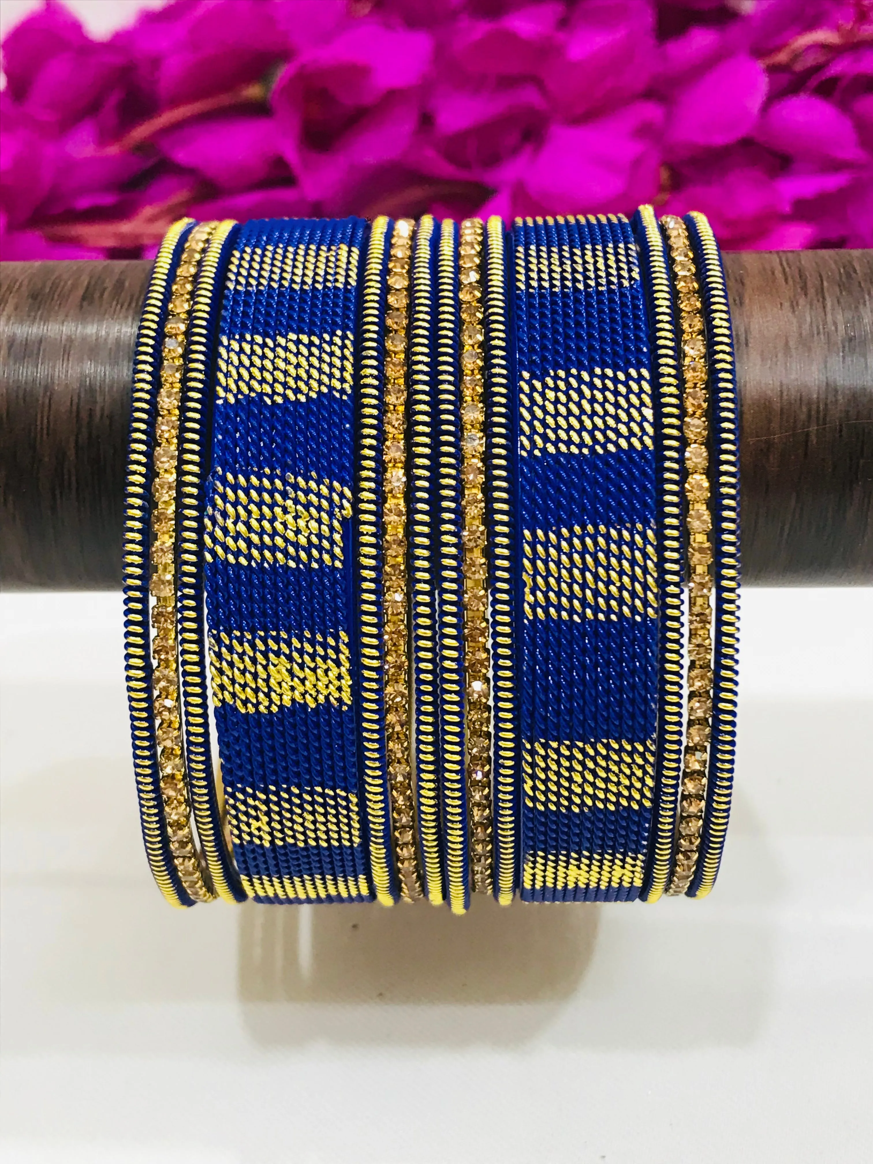 Charming Blue Color Metal Bangles Set With Spiral Design For Women