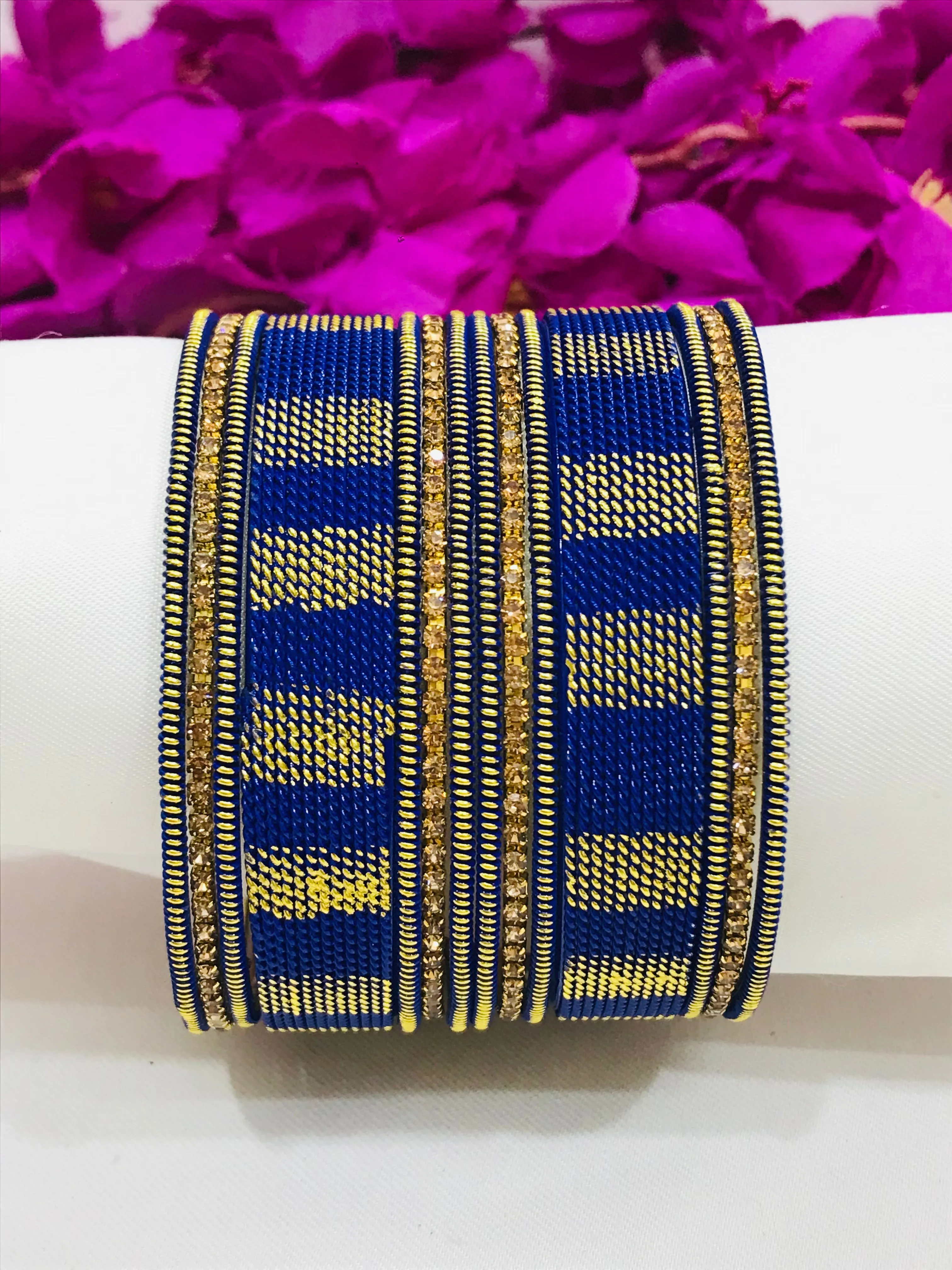 Charming Blue Color Metal Bangles Set With Spiral Design For Women