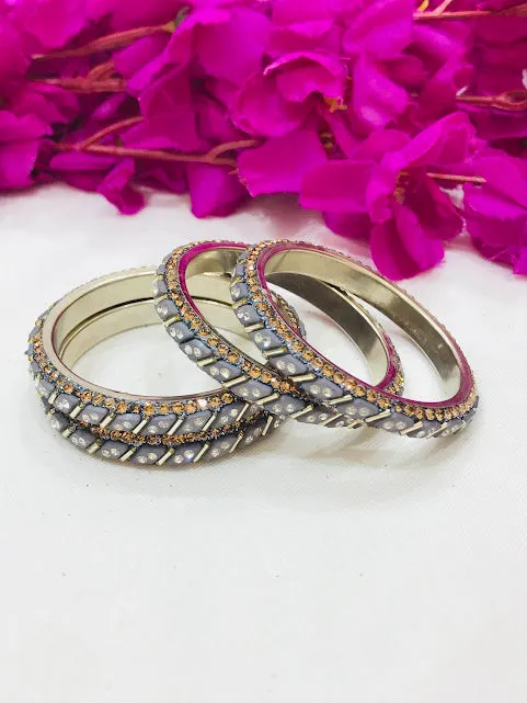 Charming Grey Colored Stone Work Metal Bangles For Girls