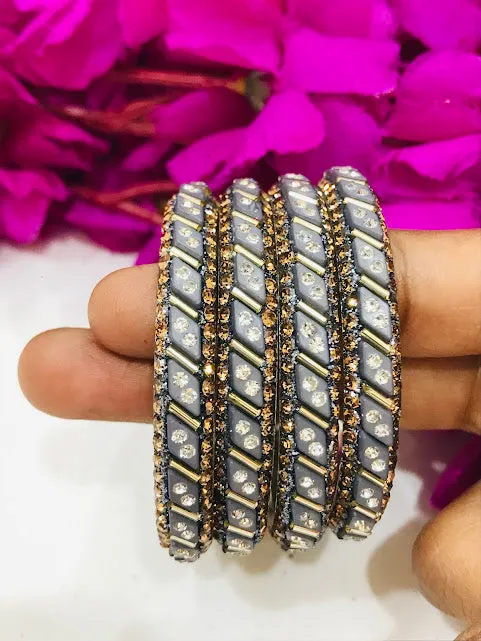 Charming Grey Colored Stone Work Metal Bangles For Girls