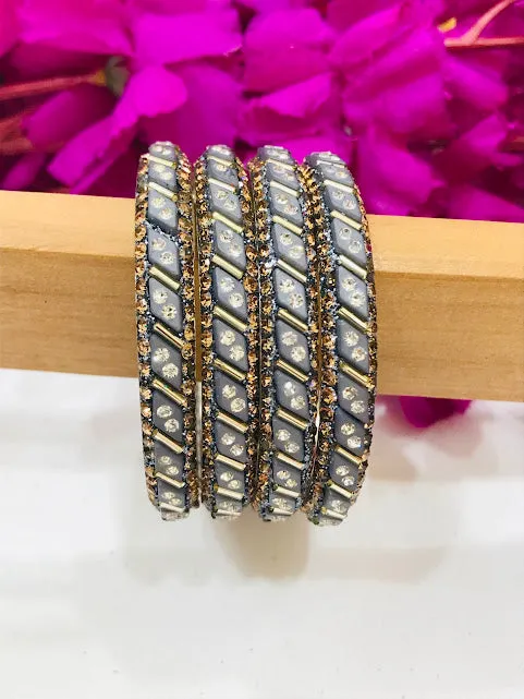 Charming Grey Colored Stone Work Metal Bangles For Girls