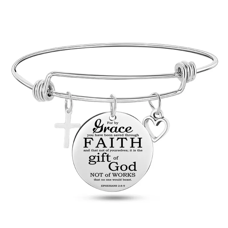 Cross Heart Charms Bible Psalm Stainless Steel Bangle  Bracelets